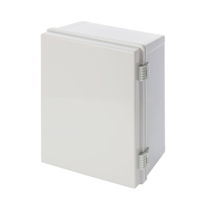 Caja de ABS 400x300x200, impermeable con bisagras plásticas de cierre y placa base