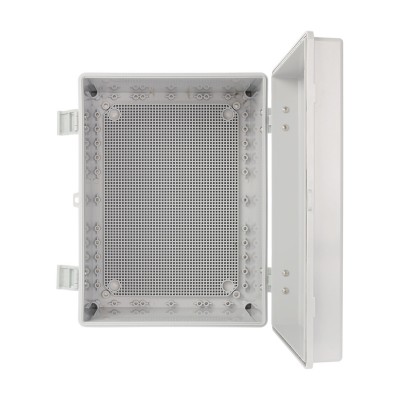 Caja de ABS 400x300x200, impermeable con bisagras plásticas de cierre y placa base